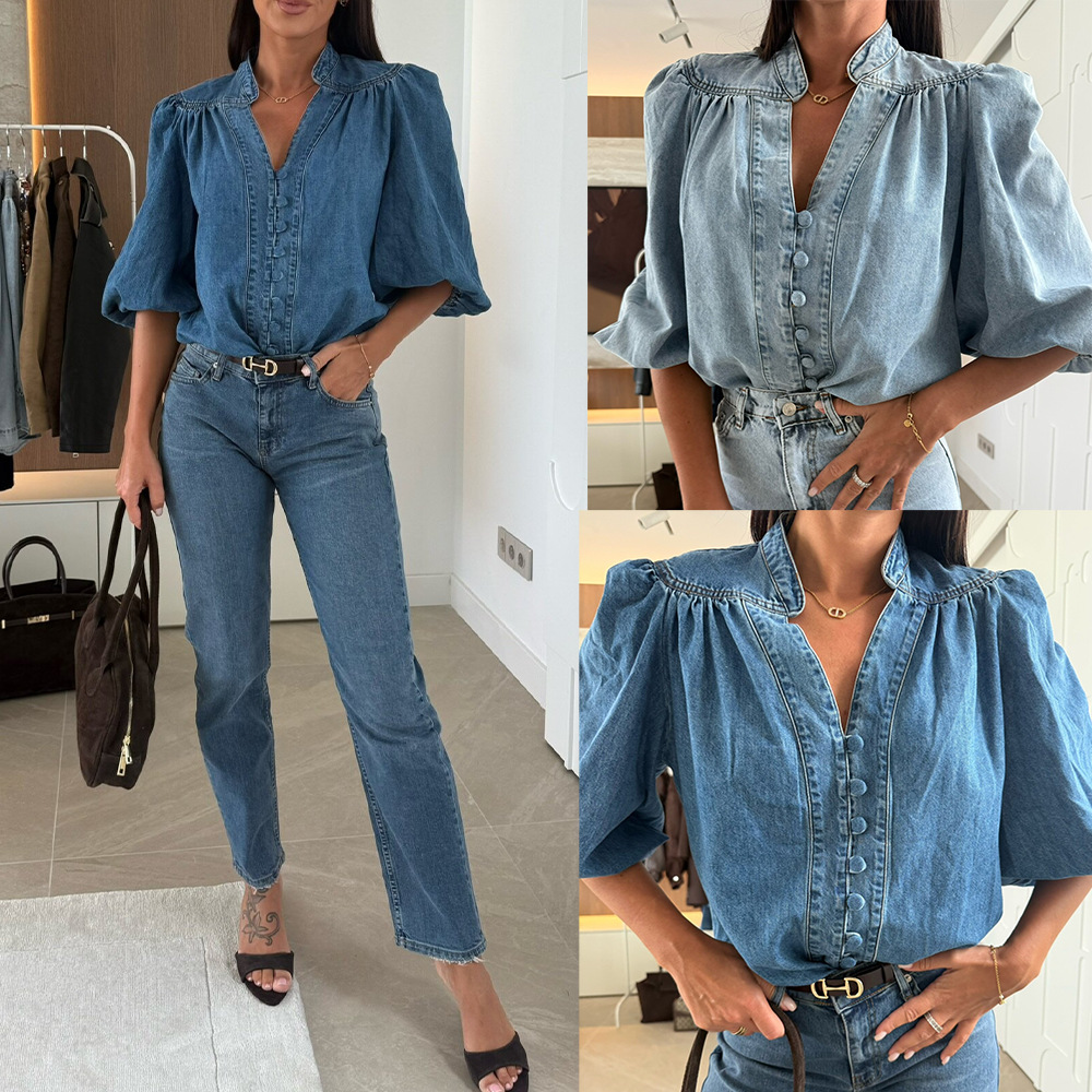 Y2K Winter Clothing - Blouses Women Denim Shirt V Neck